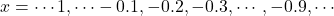 x=\cdots1,\cdots-0.1, -0.2, -0.3, \cdots, -0.9, \cdots