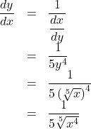 \begin{array}{lll}\dfrac{dy}{dx}&=&\dfrac{1}{\dfrac{dx}{dy}}\\&=&\dfrac{1}{5y^4}\\&=&\dfrac{1}{5\left(\sqrt[5]{x}\right)^4}\\&=&\dfrac{1}{5\sqrt[5]{x^4}}\end{array}