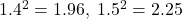 1.4^2=1.96,\hspace{1mm} 1.5^2=2.25