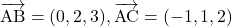 \bekutoru{AB}=(0, 2, 3), \bekutoru{AC}=(-1, 1, 2)