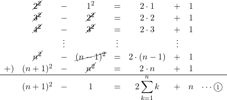 Rendered by QuickLaTeX.com \begin{array}{ccccccccc}&\cancel{2^2}&-&1^2&=&2\cdot1&+&1&\\&\cancel{3^2}&-&\cancel{2^2}&=&2\cdot2&+&1&\\&\cancel{4^2}&-&\cancel{3^2}&=&2\cdot3&+&1&\\&&\vdots&&\vdots&&\vdots&&\\&\cancel{n^2}&-&\cancel{(n-1)^2}&=&2\cdot(n-1)&+&1&\\+)&(n+1)^2&-&\cancel{n^2}&=&2\cdot n&+&1&\\\hline&(n+1)^2&-&1&=&2\displaystyle\sum_{k=1}^{n}k&+&n&\cdots\textcircled{\scriptsize 1}\\\end{array}
