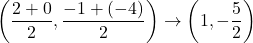 \left(\dfrac{2+0}{2}, \dfrac{-1+(-4)}{2}\right) \to \left(1, -\dfrac52\right)