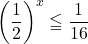 \left(\dfrac12\right)^x\leqq\dfrac{1}{16}