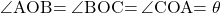 \kaku{AOB}=\kaku{BOC}=\kaku{COA}=\theta