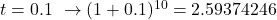 t=0.1\,\,\rightarrow(1+0.1)^{10}=2.59374246