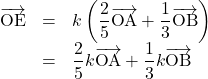Rendered by QuickLaTeX.com \begin{array}{lll}\overrightarrow{\text{OE}}&=&k\left(\dfrac25\overrightarrow{\text{OA}}+\dfrac13\overrightarrow{\text{OB}}\right)\\&=&\dfrac25k\overrightarrow{\text{OA}}+\dfrac13k\overrightarrow{\text{OB}}\end{array}