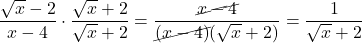 \dfrac{\sqrt{x}-2}{x-4}\cdot\dfrac{\sqrt{x}+2}{\sqrt{x}+2}=\dfrac{\cancel{x-4}}{\cancel{(x-4)}(\sqrt{x}+2)}}=\dfrac{1}{\sqrt{x}+2}