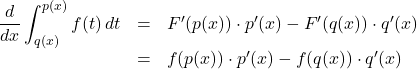 Rendered by QuickLaTeX.com \begin{array}{lll}\dfrac{d}{dx}\displaystyle\int^{p(x)}_{q(x)}f(t)\,dt&=&F'(p(x))\cdot p'(x)-F'(q(x))\cdot q'(x)\\&=&f(p(x))\cdot p'(x)-f(q(x))\cdot q'(x)\end{array}