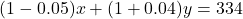 \[(1-0.05)x+(1+0.04)y=334\]