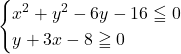 \begin{cases}x^2+y^2-6y-16\leqq0\\y+3x-8\geqq0\end{cases}