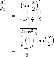 Rendered by QuickLaTeX.com \begin{array}{lll}\dfrac{dt}{dx}&=&\left(\tan\dfrac{x}{2}\right)'\\&=&\dfrac{1}{\cos^2\frac{x}{2}}\cdot\dfrac12\\&=&\dfrac{1}{2\cos^2\frac{x}{2}}\\&=&\dfrac12\left(1+\tan^2\dfrac{x}{2}\right)\\&=&\dfrac{1+t^2}{2}\end{array}