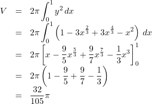 \begin{array}{lll}V&=&2\pi\displaystyle\int_0^1y^2\,dx\\&=&2\pi\displaystyle\int_0^1\left(1-3x^{\frac23}+3x^{\frac43}-x^2\right)\, dx\\&=&2\pi\left[x-\dfrac95x^{\frac53}+\dfrac97x^{\frac73}-\dfrac13x^3\right]_0^1\\&=&2\pi\left(1-\dfrac95+\dfrac97-\dfrac13\right)\\&=&\dfrac{32}{105}\pi\end{array}