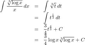 \begin{array}{lll}\displaystyle\int \dfrac{\sqrt[3]{\log{x}}}{x}\,dx&=&\displaystyle\int\sqrt[3]{t}\,dt\\&=&\displaystyle\int t^{\frac13}\,dt\\&=&\dfrac34t^{\frac43}+C\\&=&\dfrac34\log{x}\sqrt[3]{\log{x}}+C\end{array}