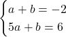 Rendered by QuickLaTeX.com \begin{eqnarray*} \begin{cases}a + b = -2\\5a + b = 6\end{cases} \end{eqnarray*}