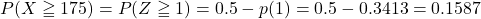 P(X\geqq175)=P(Z\geqq1)=0.5-p(1)=0.5-0.3413=0.1587