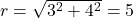 r=\sqrt{3^2+4^2}=5