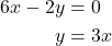 \begin{align*} 6x-2y&=0\\ y&=3x\end{align*}