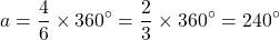 \[a=\dfrac{4}{6}\times360^{\circ}=\dfrac23\times360^{\circ}=240^{\circ}\]